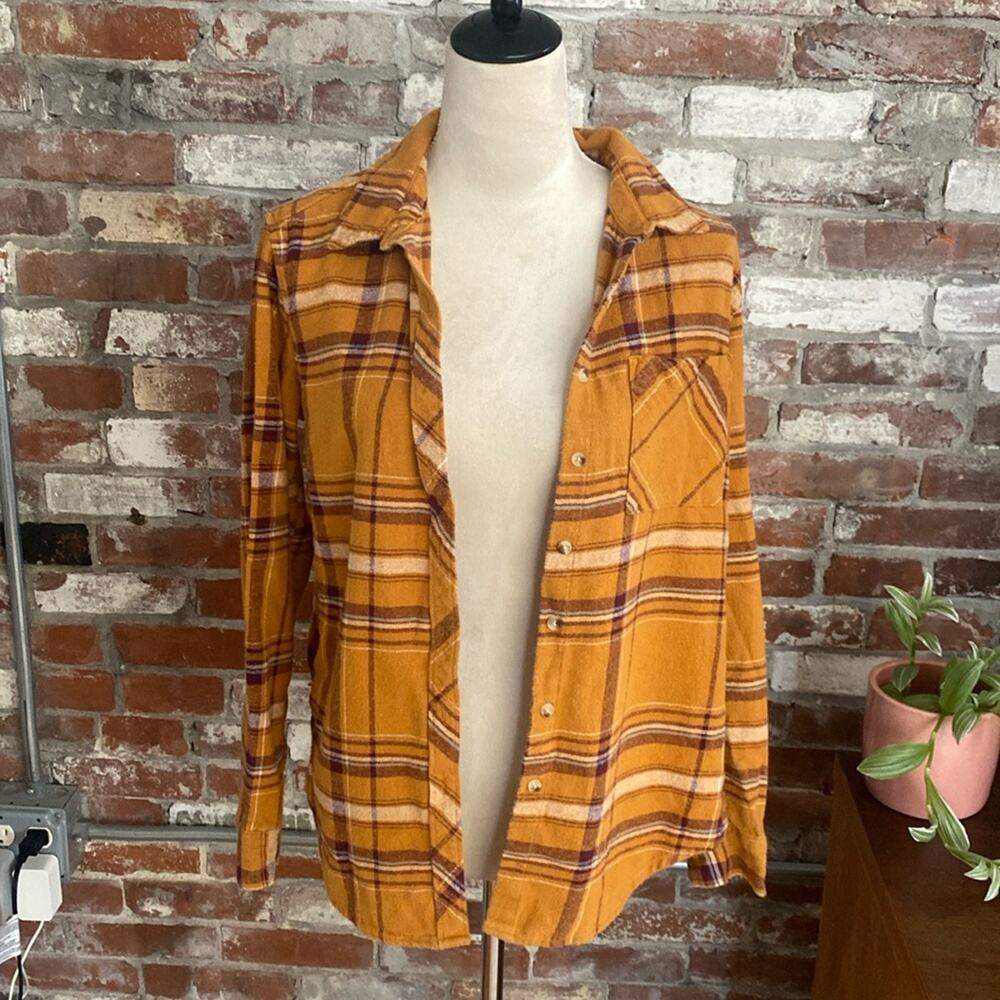 Arizona Jean Co Mustard Purple and White Plaid Button Down Long Sleeve Shirt S